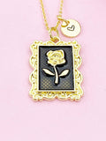 Rose Charm Gold Necklace, Rose Flower Black Enamel, N6189