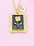 Rose Charm Gold Necklace, Rose Flower Black Enamel, N6189