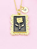 Rose Charm Gold Necklace, Rose Flower Black Enamel, N6189