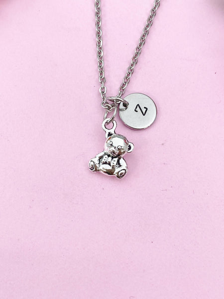 Bear Charm Silver Necklace, Bear with Bowknot Jewelry Gifts, N6204