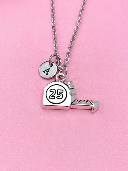 Measuring Tape Necklace, Silver Tape Measure Charm Necklace, Architect Gift, Personalized Initial Necklace, N4793