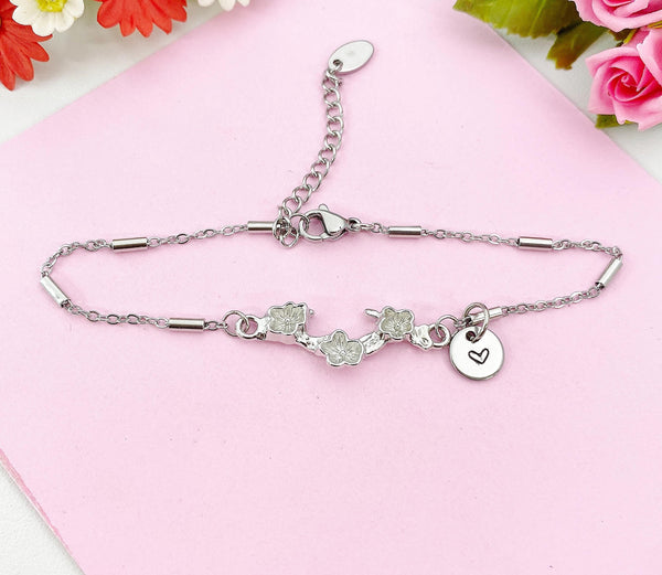 Cherry Blossom Charm Silver Bracelet, Flower Branch, Plum Blossom, N6230