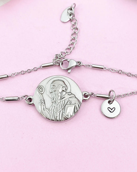 Saint Benedict Medal Charm Silver Bracelet, Saint with Spiral Cane, N6231