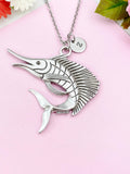 Marlin Charm Silver Necklace, Large Deep Sea Fish Marlin Jewelry Gift, N6234