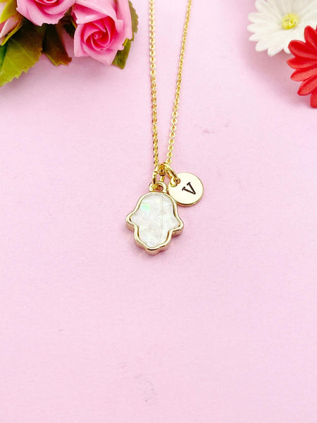 Gold Hamsa Necklace, Opal Hamsa Charm, White Imitation Opal Charm, Personalized Gift, N1484-A