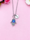 Silver Hamsa Hand with Blue Evil Eye Charm Necklace, N3671