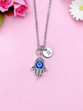 Silver Hamsa Hand with Blue Evil Eye Charm Necklace, N3671
