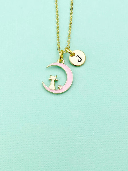 Gold Pink Cat Sit on the Crescent Moon Charm Necklace, Pink Cat Charm, Crescent Half Moon Charm, N256