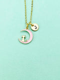 Gold Pink Cat Sit on the Crescent Moon Charm Necklace, Pink Cat Charm, Crescent Half Moon Charm, N256