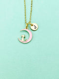 Gold Pink Cat on Moon Charm Necklace, Initial Necklace