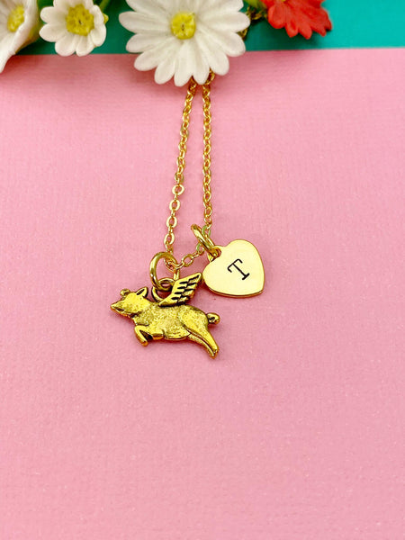 Pig Wing Charm Gold Necklace, Pig Fly, Silver Option, N1743G