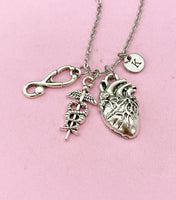 Anatomy Heart Stethoscope Caduceus Charm Silver Necklace, Cardiologist Gift, Medical School Student Gifts, N5283N