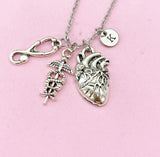 Anatomy Heart Stethoscope Caduceus Charm Silver Necklace, Cardiologist Gift, Medical School Student Gifts, N5283N