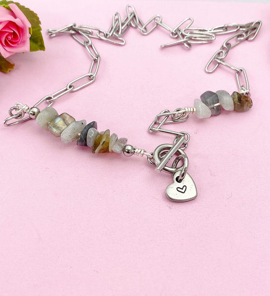 Labradorite Necklace, Silver Paperclip Toggle Clasps Necklace, Natural Labradorite Gemstone Jewelry, N6105S