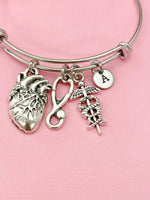 Silver Cardiologist Bracelet Anatomy Heart Caduceus, Medical School Student Gifts, Personalized Customized Gifts, N5283B
