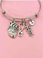 Silver Cardiologist Bracelet Anatomy Heart Caduceus, Medical School Student Gifts, Personalized Customized Gifts, N5283B