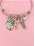 Silver Cardiologist Bracelet Anatomy Heart Caduceus, Medical School Student Gifts, Personalized Customized Gifts, N5283B
