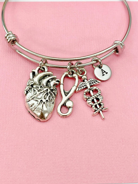 Silver Cardiologist Bracelet Anatomy Heart Caduceus, Medical School Student Gifts, Personalized Customized Gifts, N5283B