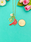Gold Red Bird Cardinal Clover Charm Necklace, N5257A