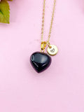 Obsidian Heart Charm Gold Necklace, Natural Obsidian Gemstone Jewelry, N6265