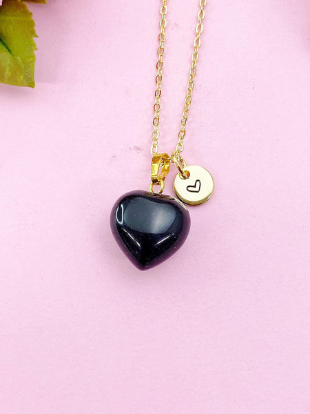 Obsidian Heart Charm Gold Necklace, Natural Obsidian Gemstone Jewelry, N6265