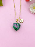 Ruby in Zoisite Heart Charm Gold Necklace, Natural Ruby in Zoisite Gemstone Jewelry, N6266