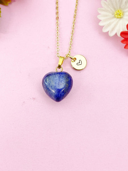 Lapis Lazuli Heart Charm Gold Necklace, Natural Lapis Lazuli Gemstone Jewelry, N6268