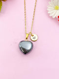 Black Stone Heart Charm Gold Necklace, Natural Black Stone Gemstone Jewelry, N6269