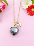 Black Stone Heart Charm Gold Necklace, Natural Black Stone Gemstone Jewelry, N6269