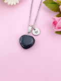 Blue Goldstone Heart Charm Silver Necklace, Synthetic Blue Gemstone Jewelry, N6272