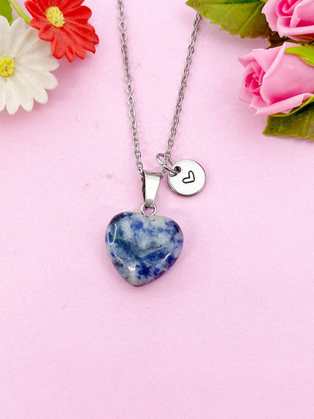 Blue Spot Jasper Heart Charm Silver Necklace, Natural Blue Spot Jasper Gemstone Jewelry, N6274