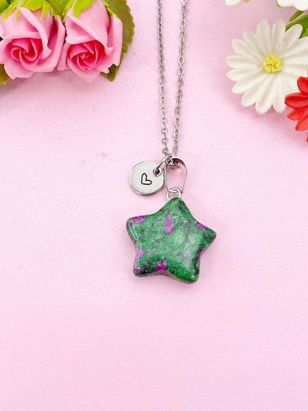 Ruby in Zoisite Star Charm Silver Necklace, Dyed Natural Ruby in Zoisite Gemstone Jewelry, N6281