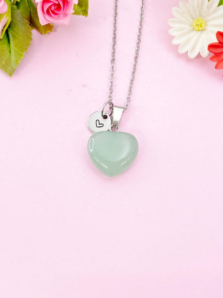 Green Aventurine Heart Charm Silver Necklace, Natural Green Aventurine Gemstone Jewelry, N6282