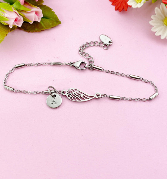 Angel Wings Charm Silver Bracelet, Guardian Angel Jewelry, Tarnish Resistant Stainless Steel Wing Pendants, N6285