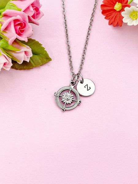 Compass Charm Silver Necklace, Tarnish Resistant Stainless Steel Compass Pendants, N6286