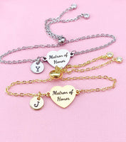 Matron of Honor Bracelet, Gold or Silver Heart Matron of Honor Jewelry, Wedding Gift, D579