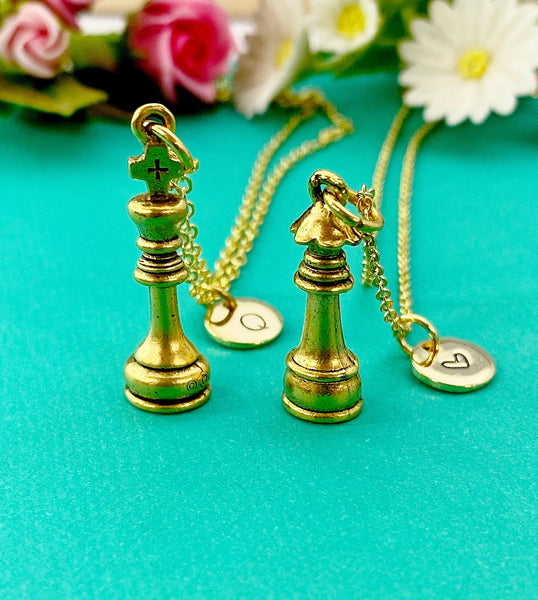 King and Queen Chess Piece Charm Gold Necklace, Perfect Gift for Girlfriend or Boyfriend, Silver Option, N6330