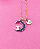 Cat Sitting on Crescent Moon Charm Gold Necklace, N6331