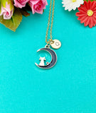 Cat Sitting on Crescent Moon Charm Gold Necklace, N6331