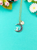 Cat Sitting on Crescent Moon Charm Gold Necklace, N6331