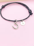 Horseshoe Charm Adjustable Waxed Cord Bracelet, Horse Lover Jewelry, N6207L