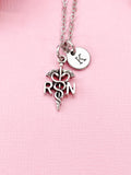 RN Caduceus Necklace, Initial Charm, Nursing Graduation Gift