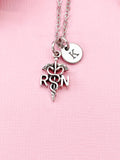 RN Caduceus Necklace, Initial Charm, Nursing Graduation Gift