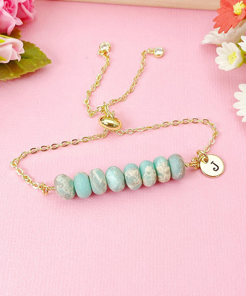 Natural Regalite Imperial Jasper Sea Sediment Jasper Bracelet, Pale Turquoise, Gold Natural Gemstone Jewelry, N6362B
