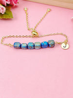 Natural Regalite Imperial Jasper Sea Sediment Jasper Bracelet, Cuboid, Deep Sky Blue, Gold Natural Gemstone Jewelry, N6367B