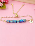 Natural Regalite Imperial Jasper Sea Sediment Jasper Bracelet, Cuboid, Deep Sky Blue, Gold Natural Gemstone Jewelry, N6367B