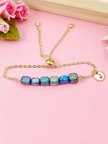 Natural Regalite Imperial Jasper Sea Sediment Jasper Bracelet, Cuboid, Deep Sky Blue, Gold Natural Gemstone Jewelry, N6367B