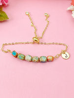 Natural Regalite Imperial Jasper Sea Sediment Jasper Bracelet, Cuboid, Sky Blue, Gold Natural Gemstone Jewelry, N6369