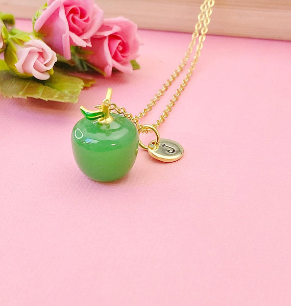 Apple Necklace, Green Apple Handmade Lampwork Charm Gold Necklace, Fruit Apple Charm, N4999