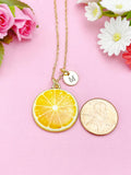 Gold Lemon Slice Charm Necklace, Personalized Initial Pendant